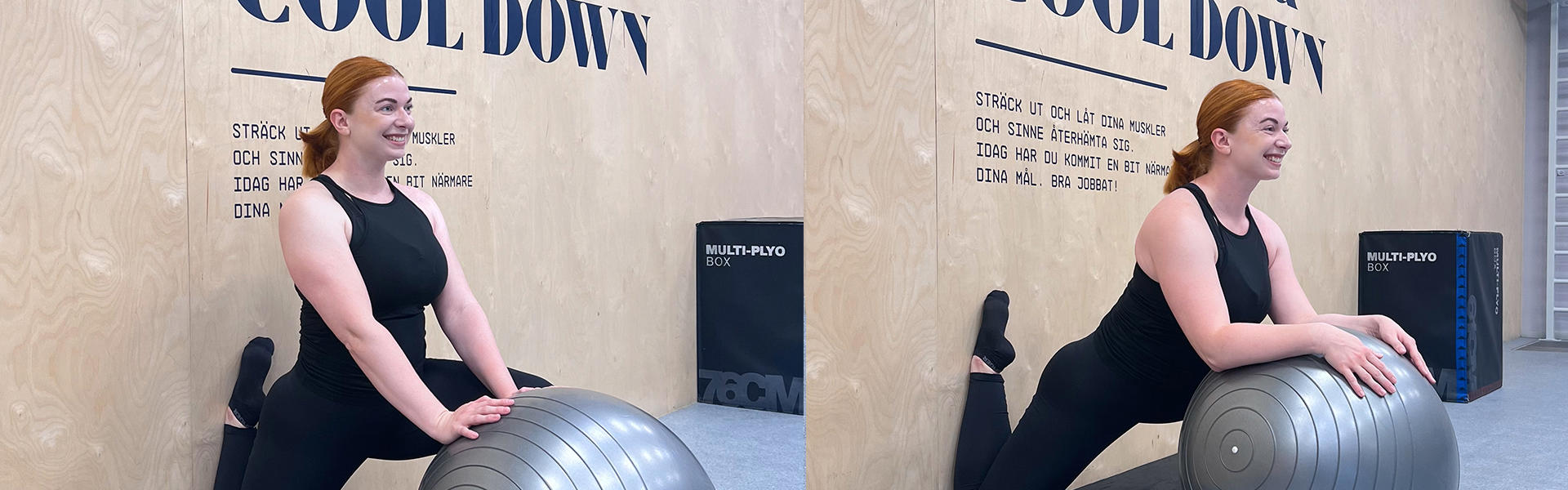 Kvinna stretchar med pilatesboll på gymmet